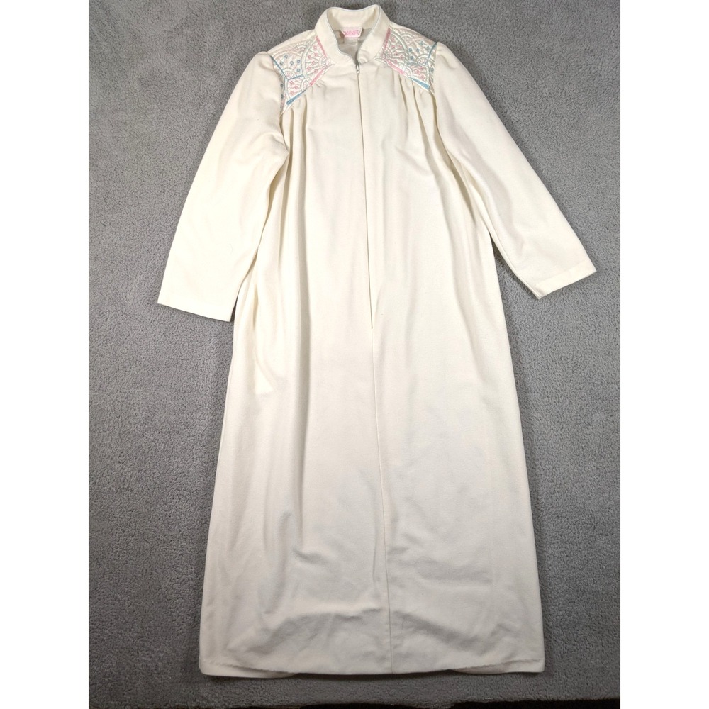 VTG Carriage Court Fleece House Dress Night Gown M Ivory Embroidered 1/2 Zip